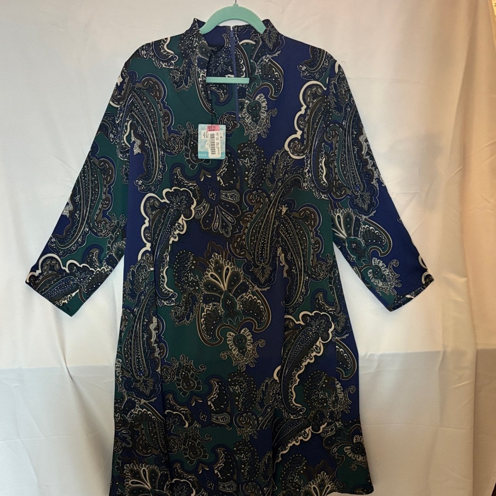 Ming Wang Long Sleeve Dress - Blue and Green Paisley